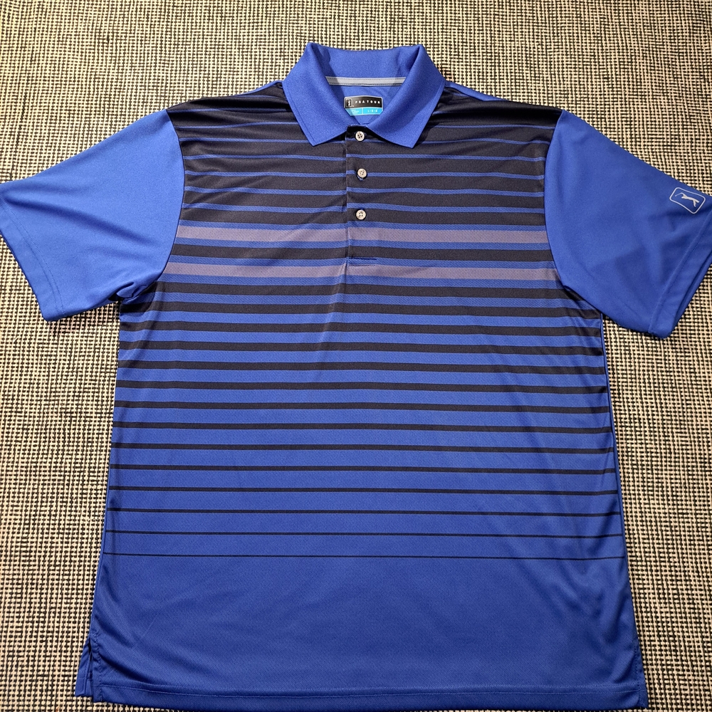 PGA Tour Blue and Black Striped Golf Polo Size L